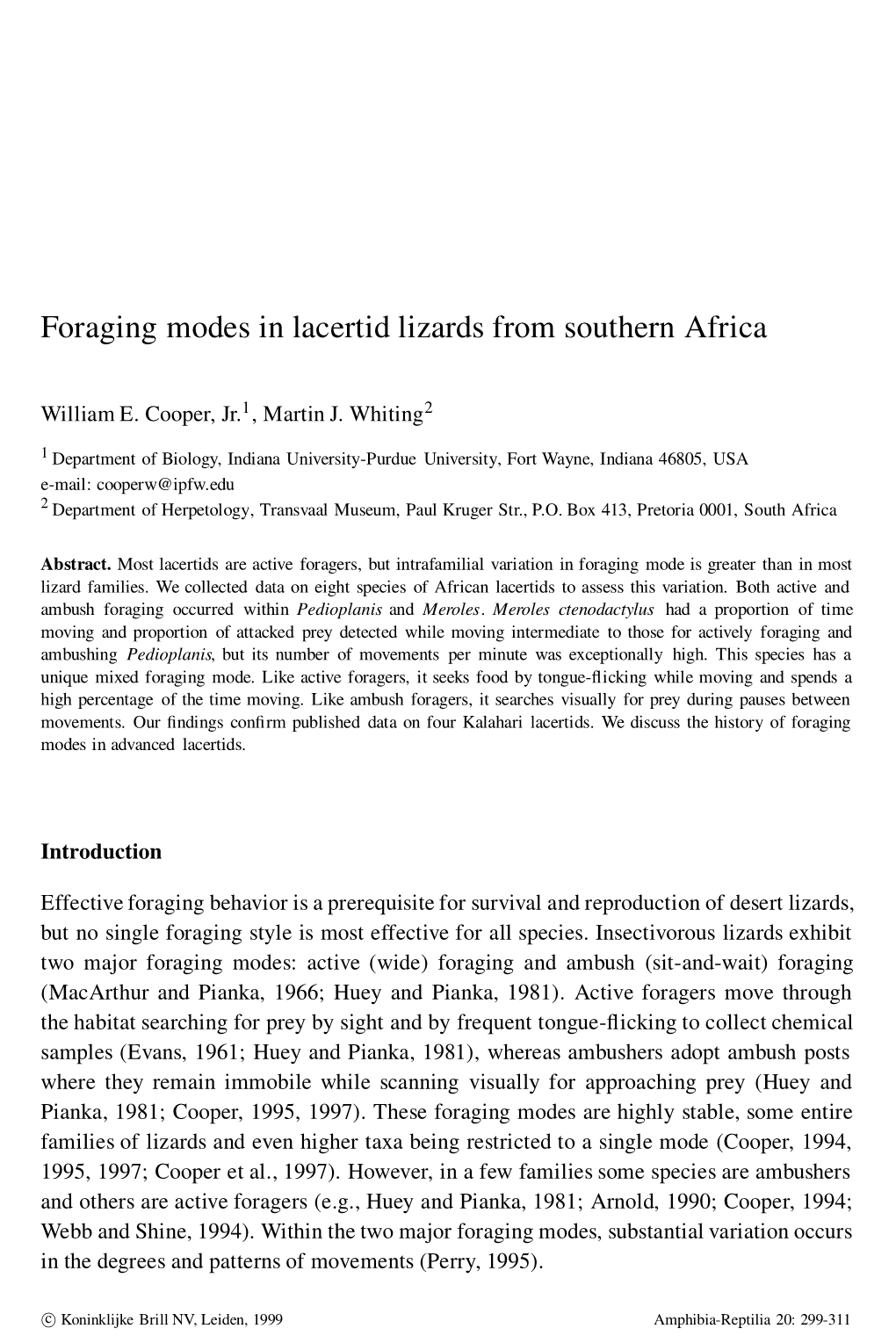 Foraging Modes in Lacertid Lizards from Southern Africa