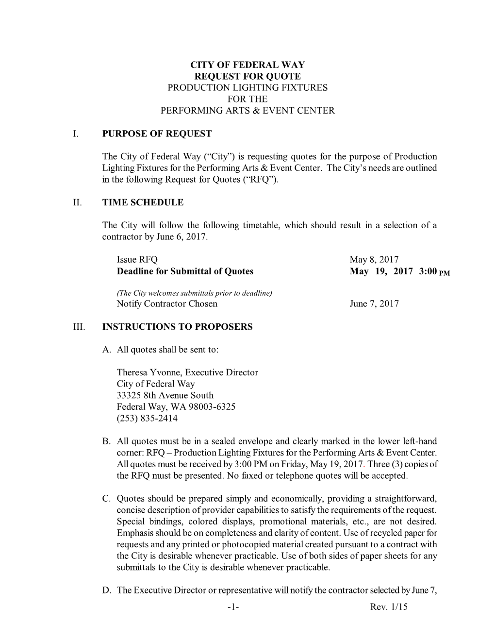 Rev. 1/15 CITY of FEDERAL WAY REQUEST for QUOTE