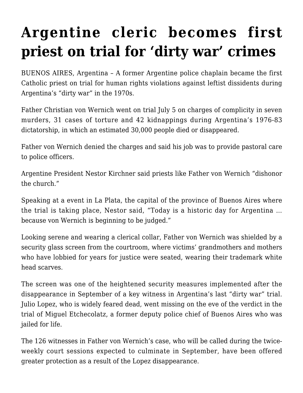 Argentine Cleric Becomes First Priest on Trial for 'Dirty War' Crimes
