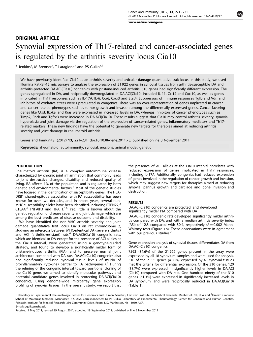 Synovial Expression of Th17-Related and Cancer-Associated Genes Is Regulated by the Arthritis Severity Locus Cia10