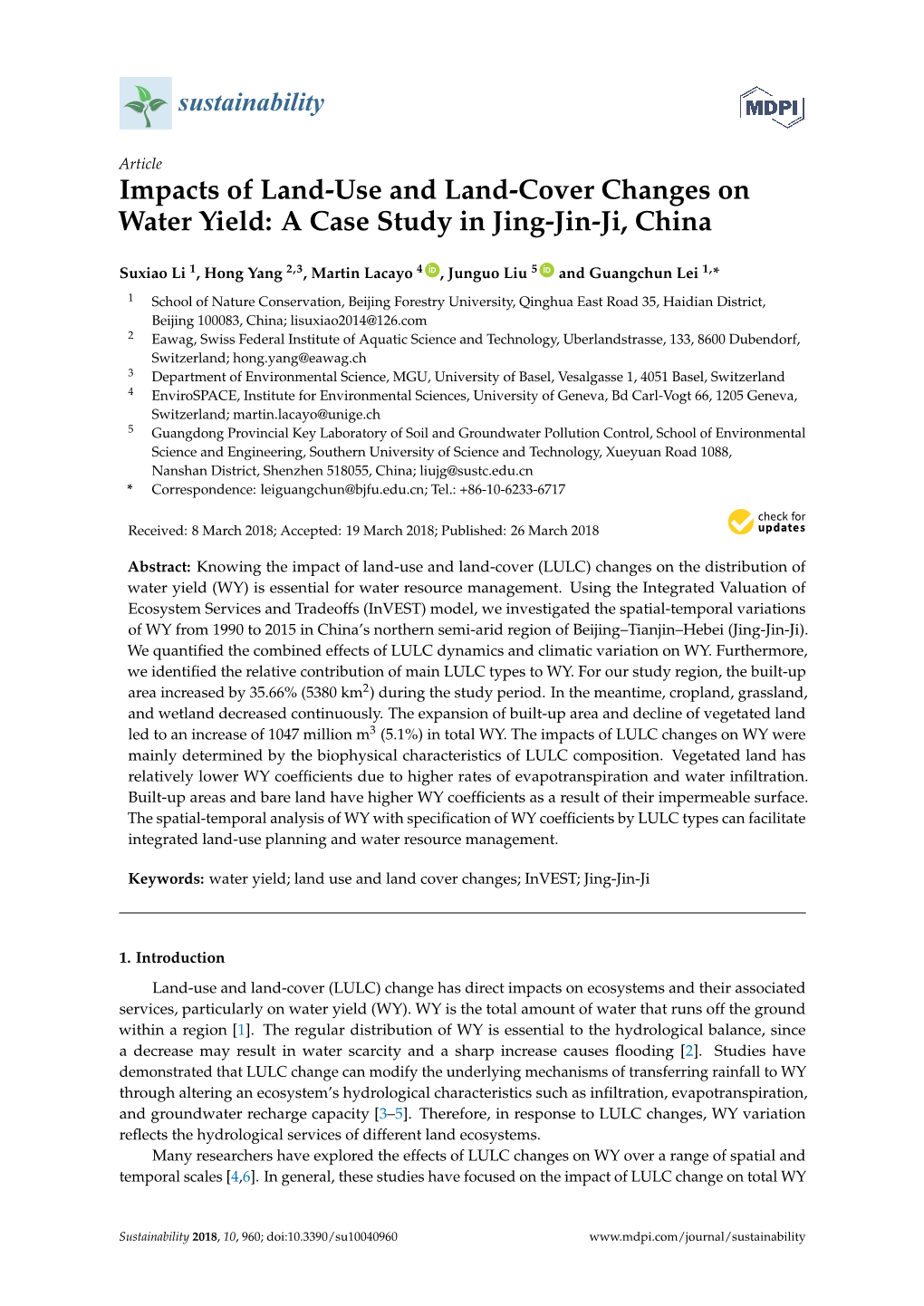 Impacts of Land-Use and Land-Cover Changes on Water Yield: a Case Study in Jing-Jin-Ji, China