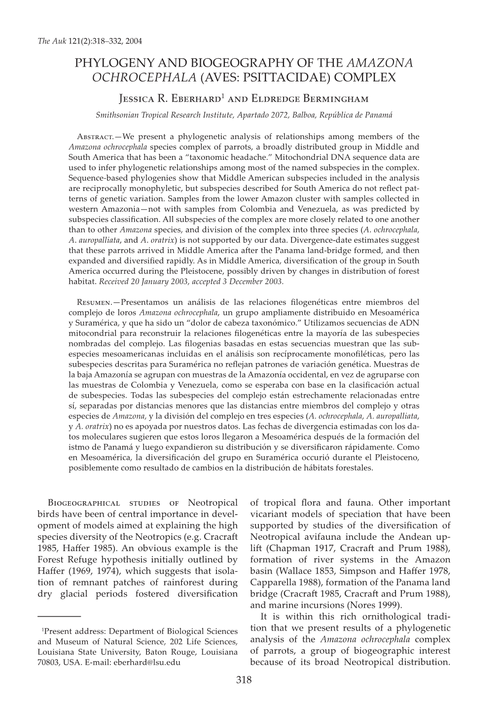 Phylogeny and Biogeography of the Amazona Ochrocephala Complex