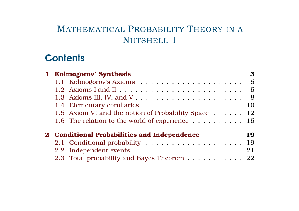 MATHEMATICAL PROBABILITY THEORY in a NUTSHELL 1 Contents