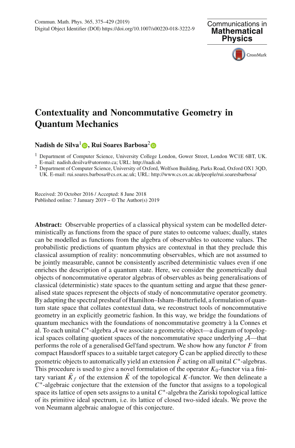 Contextuality and Noncommutative Geometry in Quantum Mechanics