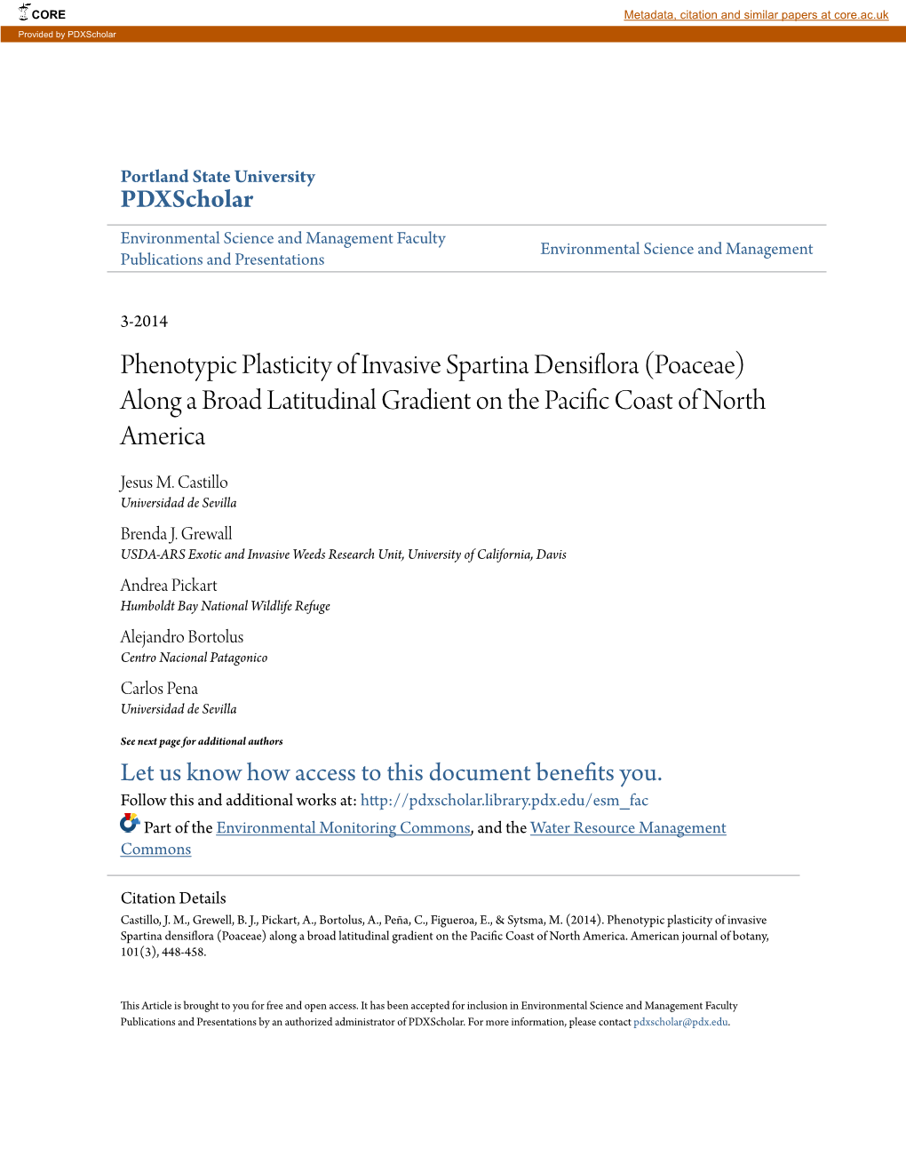 Phenotypic Plasticity of Invasive Spartina Densiflora (Poaceae) Along a Broad Latitudinal Gradient on the Pacific Oc Ast of North America