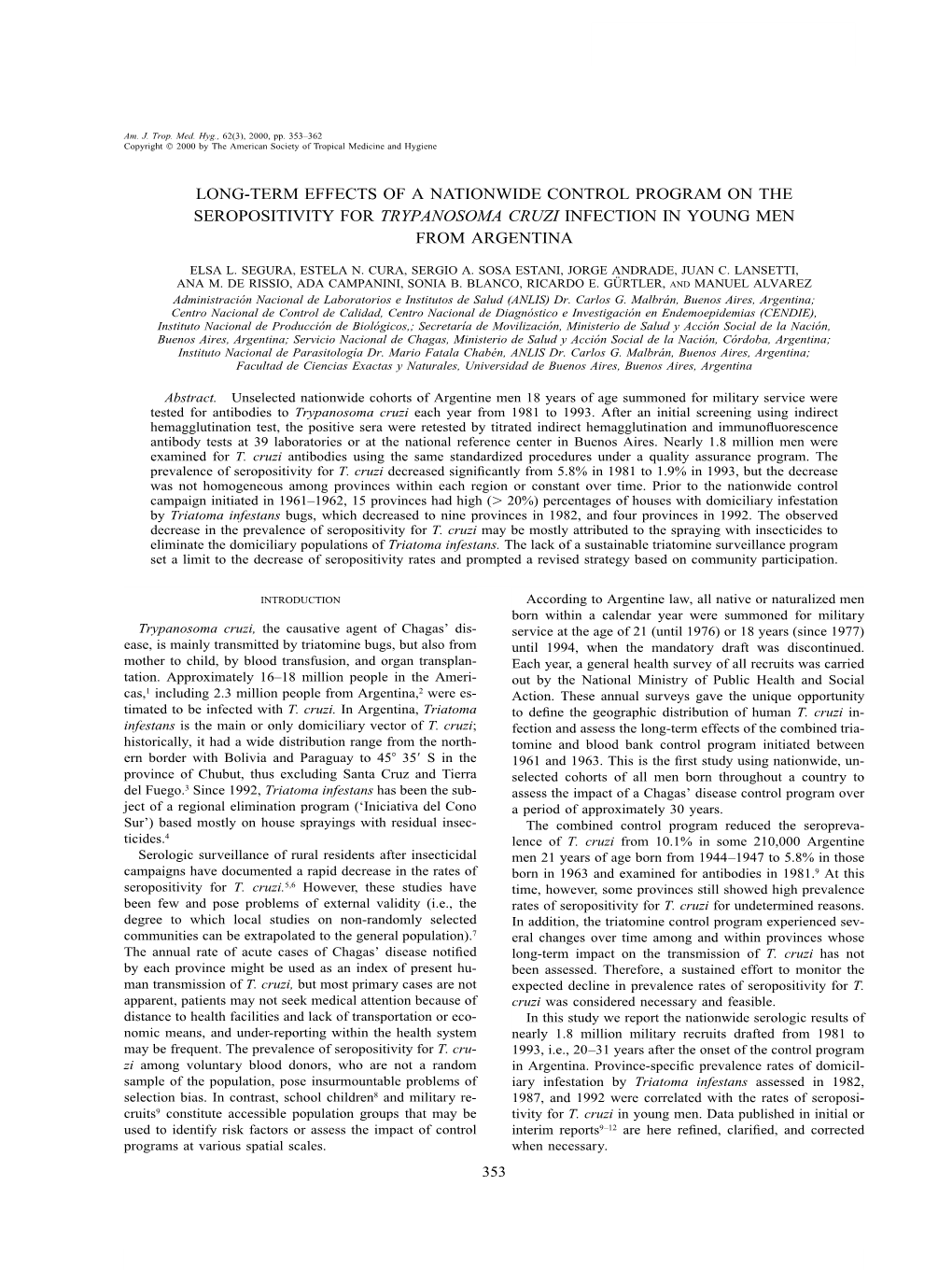 Long-Term Effects of a Nationwide Control Program on the Seropositivity for Trypanosoma Cruzi Infection in Young Men from Argentina