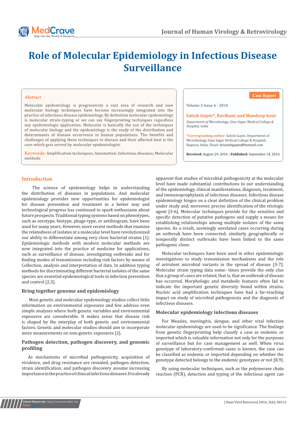 Role of Molecular Epidemiology in Infectious Disease Surveillance