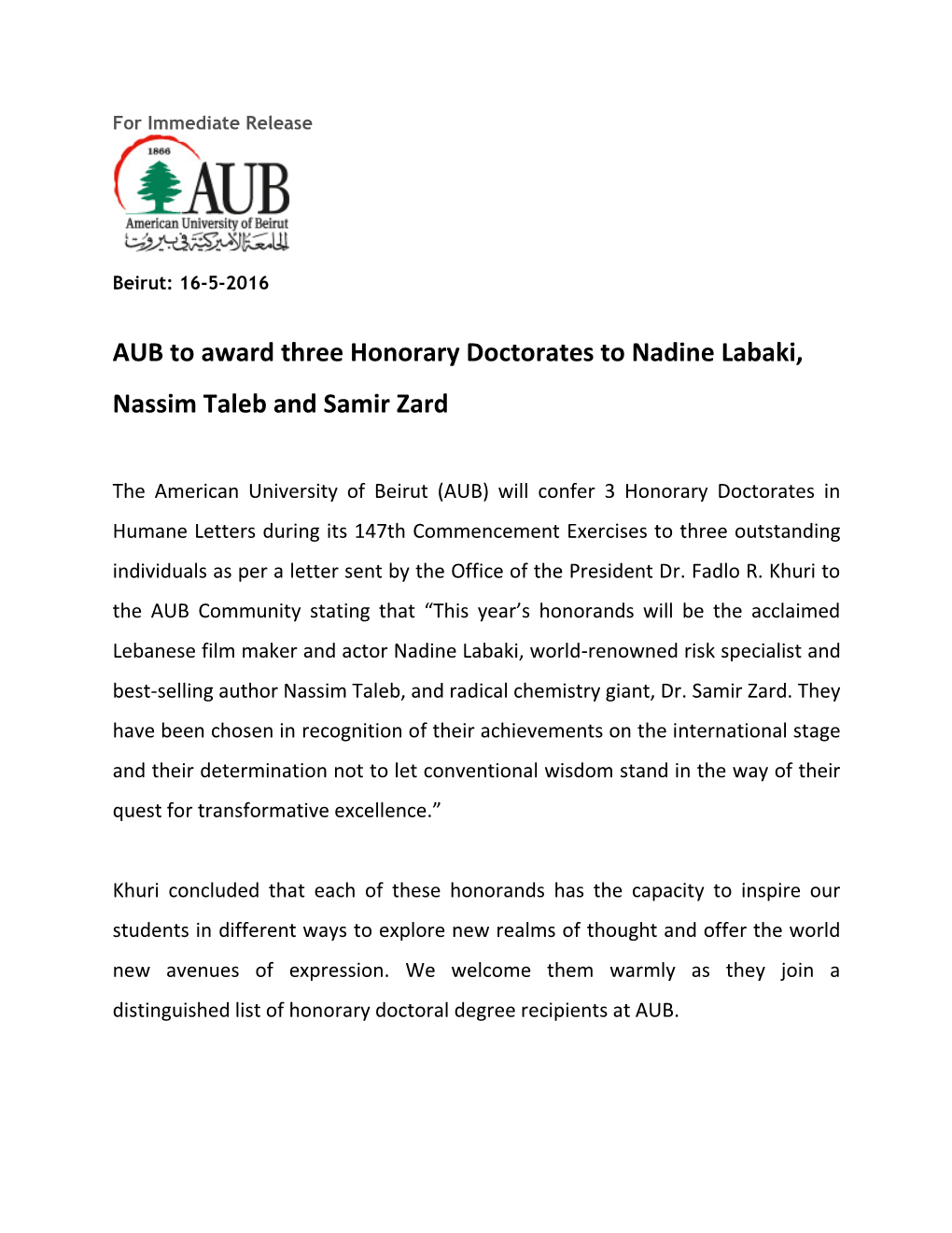 AUB to Award Three Honorary Doctorates to Nadine Labaki, Nassim Taleb and Samir Zard