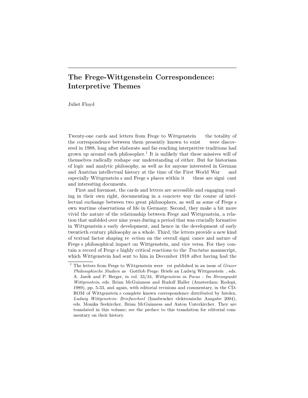 The Frege-Wittgenstein Correspondence: Interpretive Themes