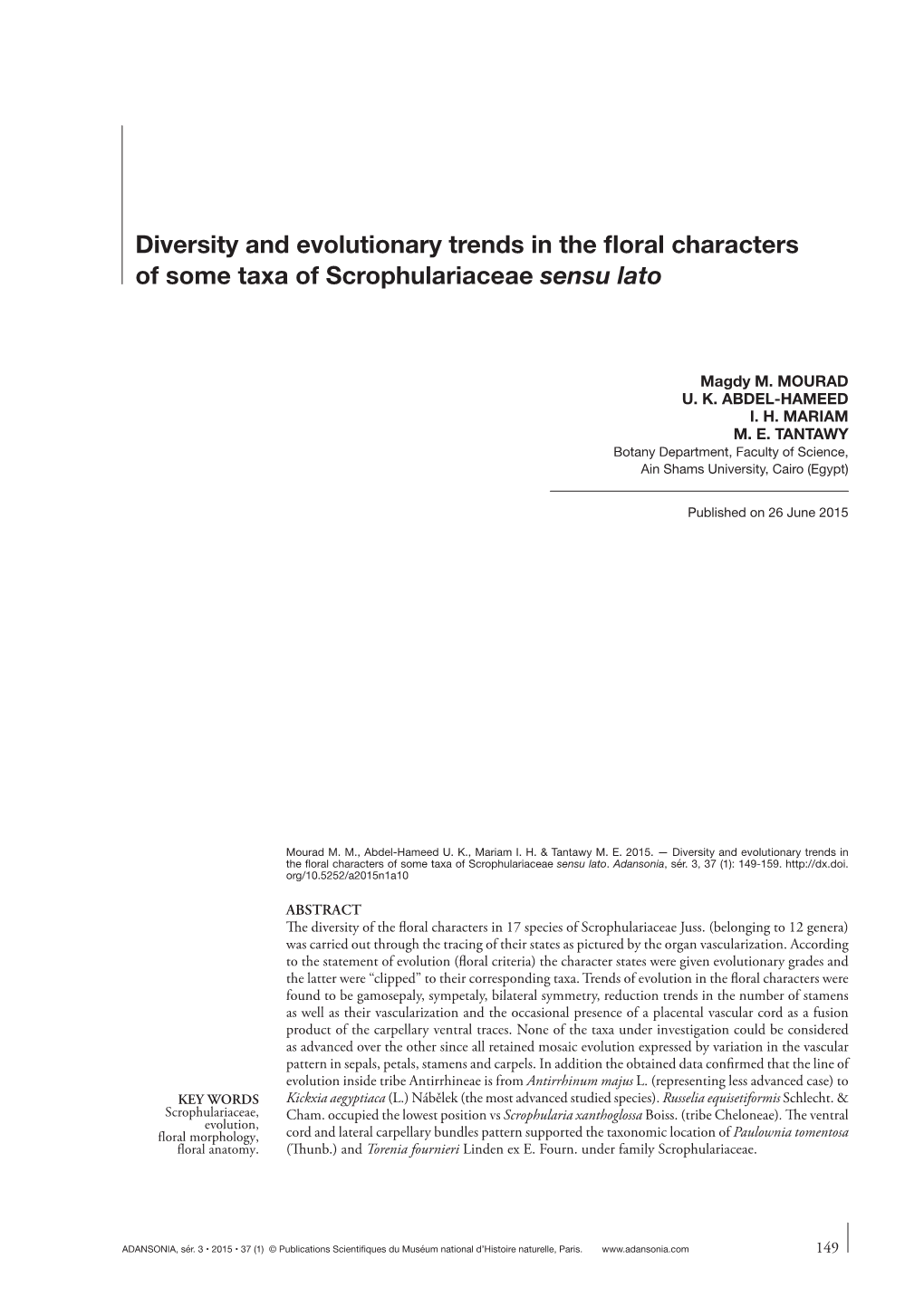 Diversity and Evolutionary Trends in the Floral Characters of Some Taxa Of