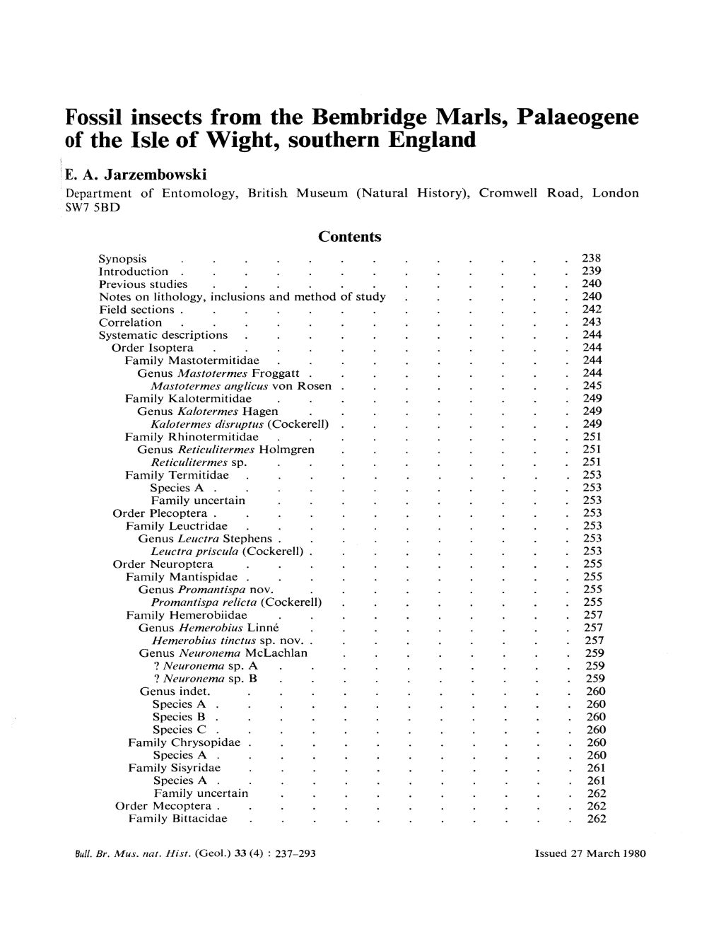 Fossil Insects from the Bemhridge Marls, Palaeogene of the Isle of Wight, Southern England