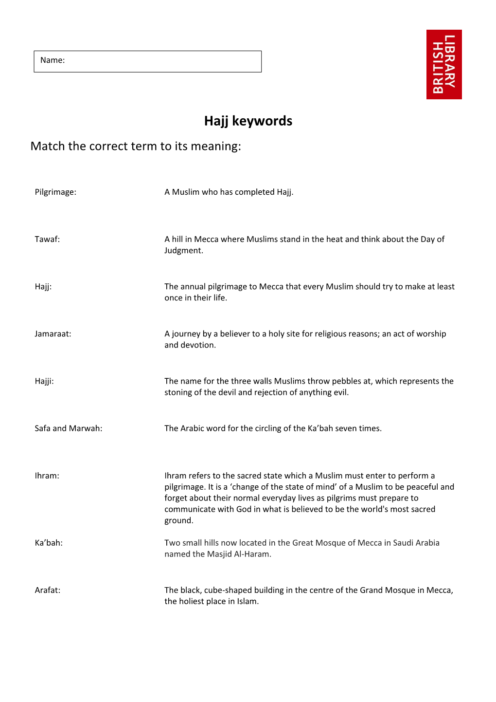 Hajj Keywords Match the Correct Term to Its Meaning