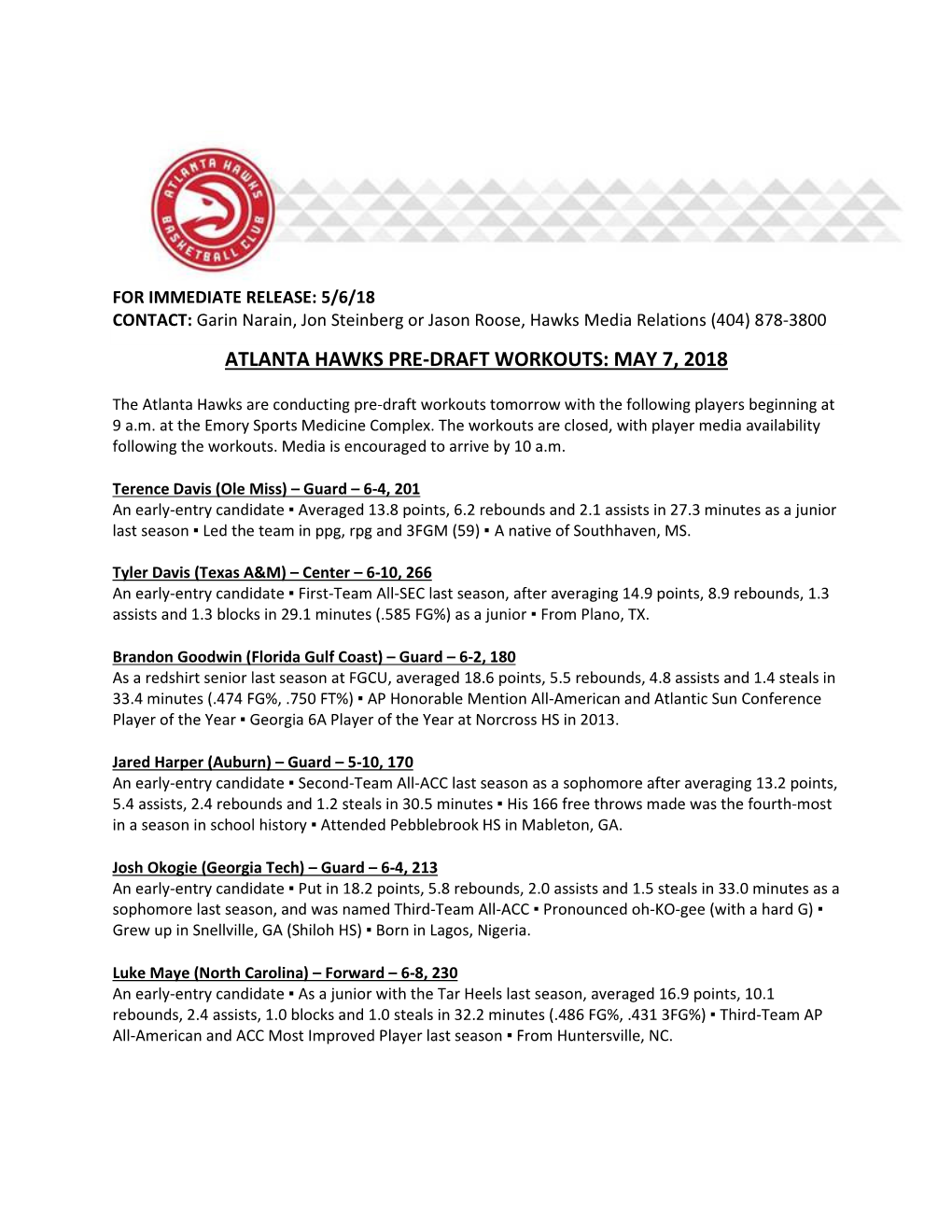 Pre-Draft Workouts: May 7, 2018