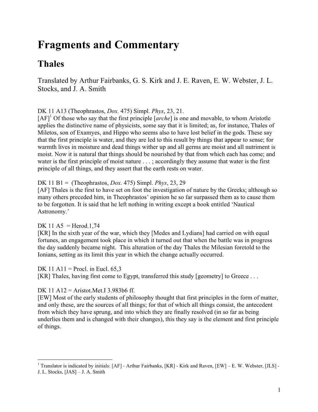 Fragments and Commentary of Thales of Miletus