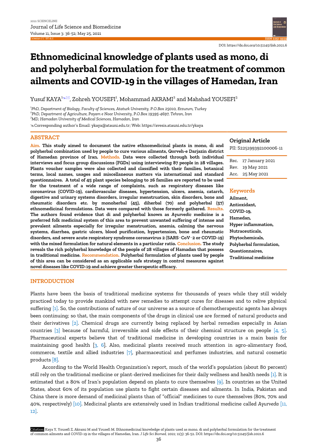 Ethnomedicinal Knowledge of Plants Used As Mono, Di and Polyherbal Formulation for the Treatment of Common Ailments and COVID-19 in the Villages of Hamedan, Iran