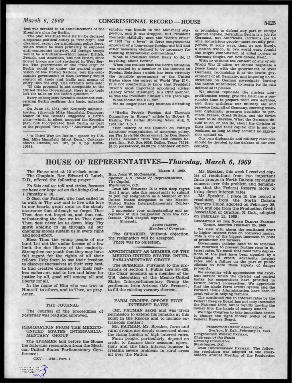 HOUSE of REPRESE1NTATIVE.S-Thursday, March 6, 1969 the House Met at 12 O'clock Noon