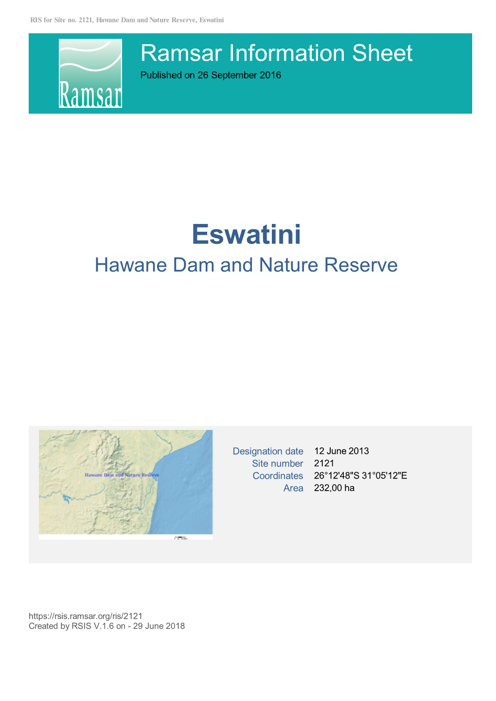 Eswatini Ramsar Information Sheet Published on 26 September 2016