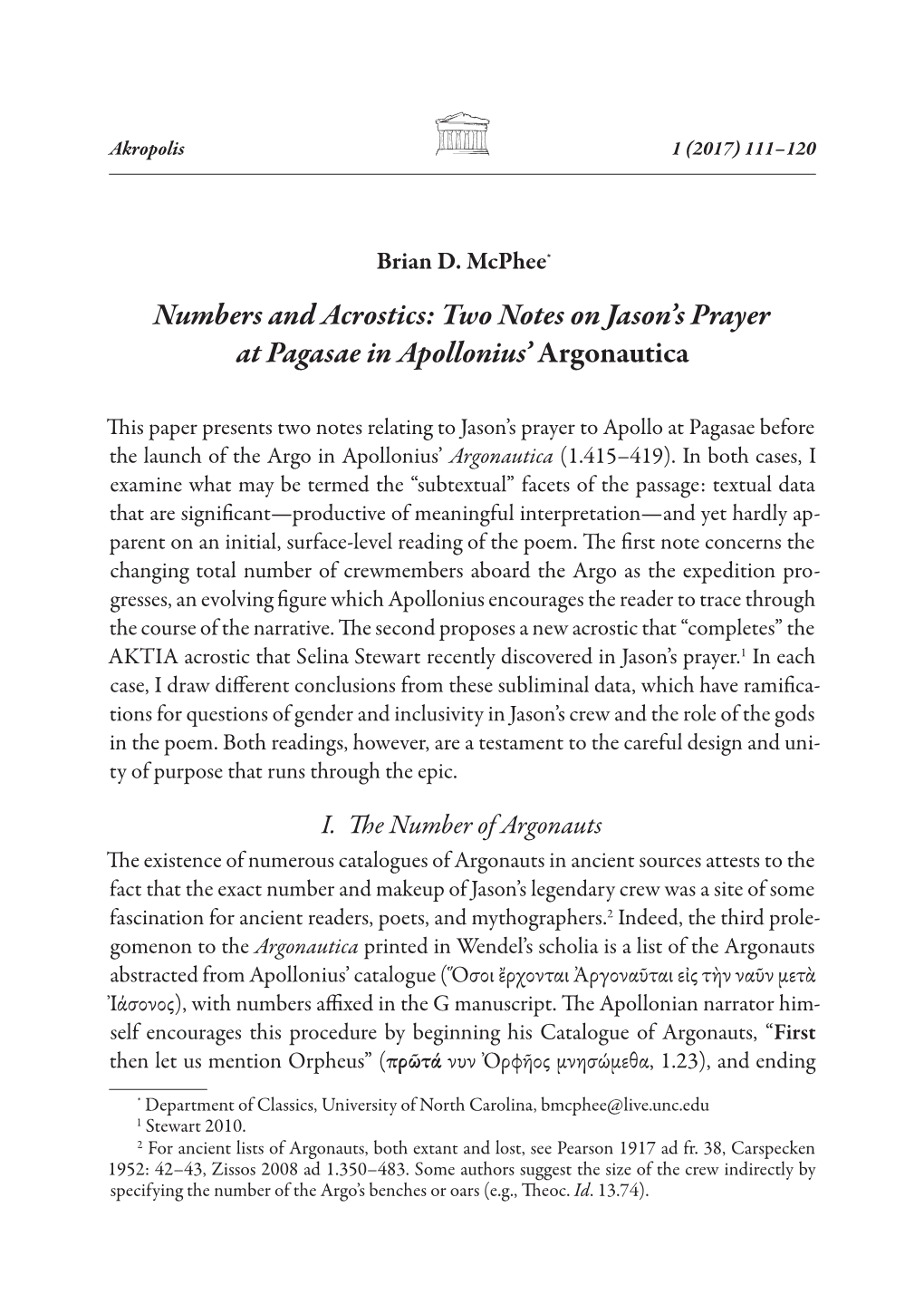 Numbers and Acrostics: Two Notes on Jason's Prayer at Pagasae In