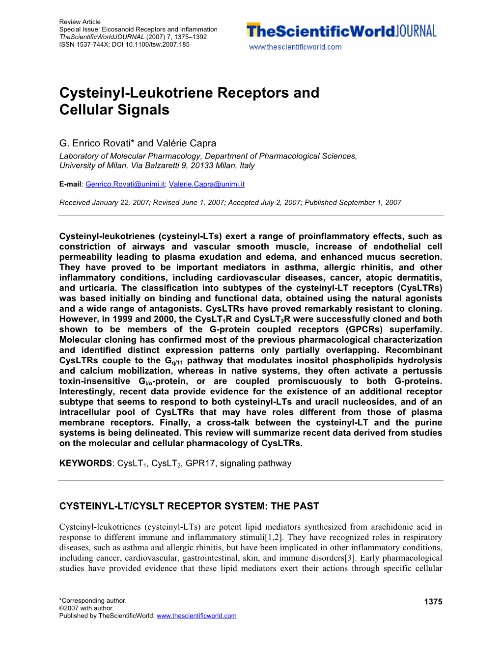 Cysteinyl-Leukotriene Receptors and Cellular Signals