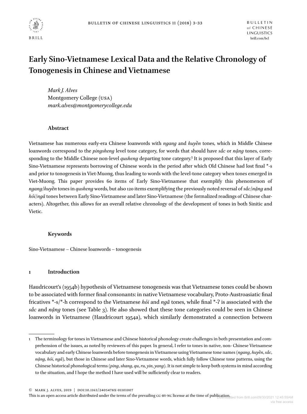 Early Sino-Vietnamese Lexical Data and the Relative Chronology of Tonogenesis in Chinese and Vietnamese