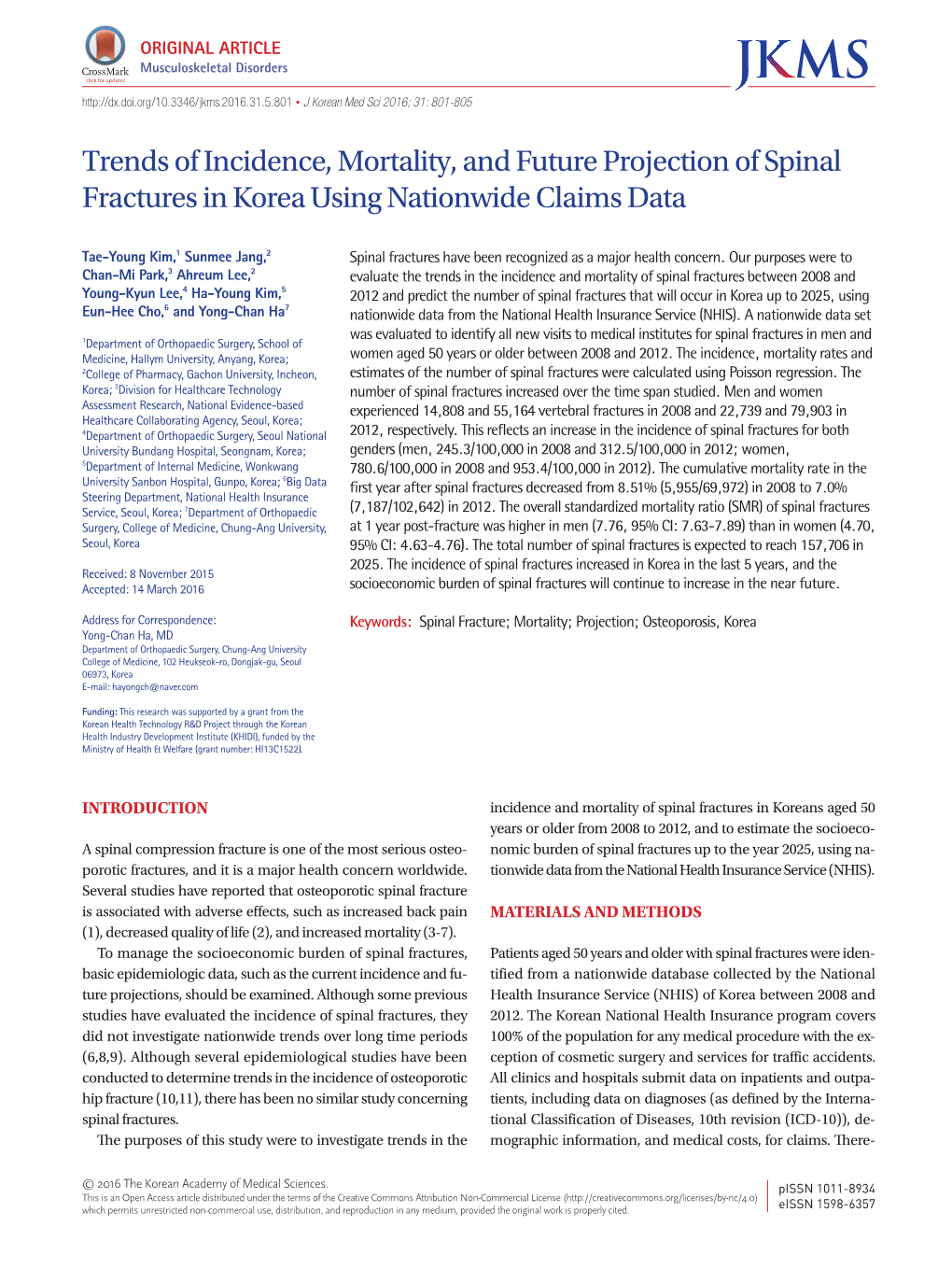 Trends of Incidence, Mortality, and Future Projection of Spinal Fractures in Korea Using Nationwide Claims Data