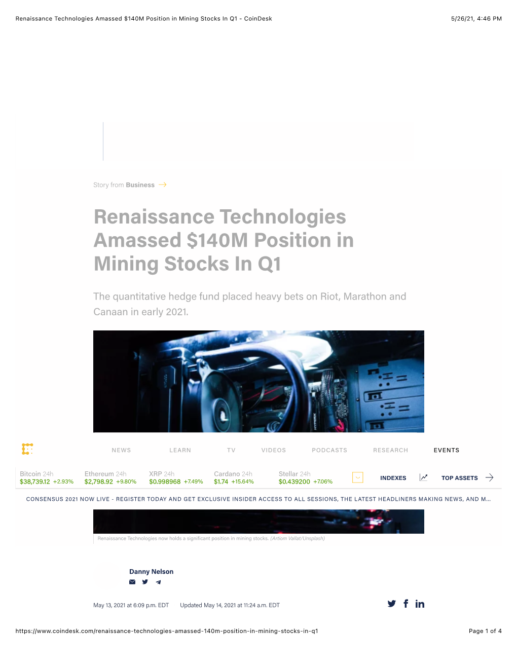 Renaissance Technologies Amassed $140M Position in Mining Stocks in Q1 - Coindesk 5/26/21, 4:46 PM