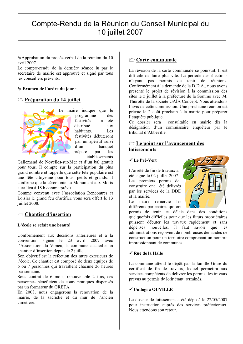 Compte-Rendu De La Réunion Du Conseil Municipal Du 10 Juillet 2007