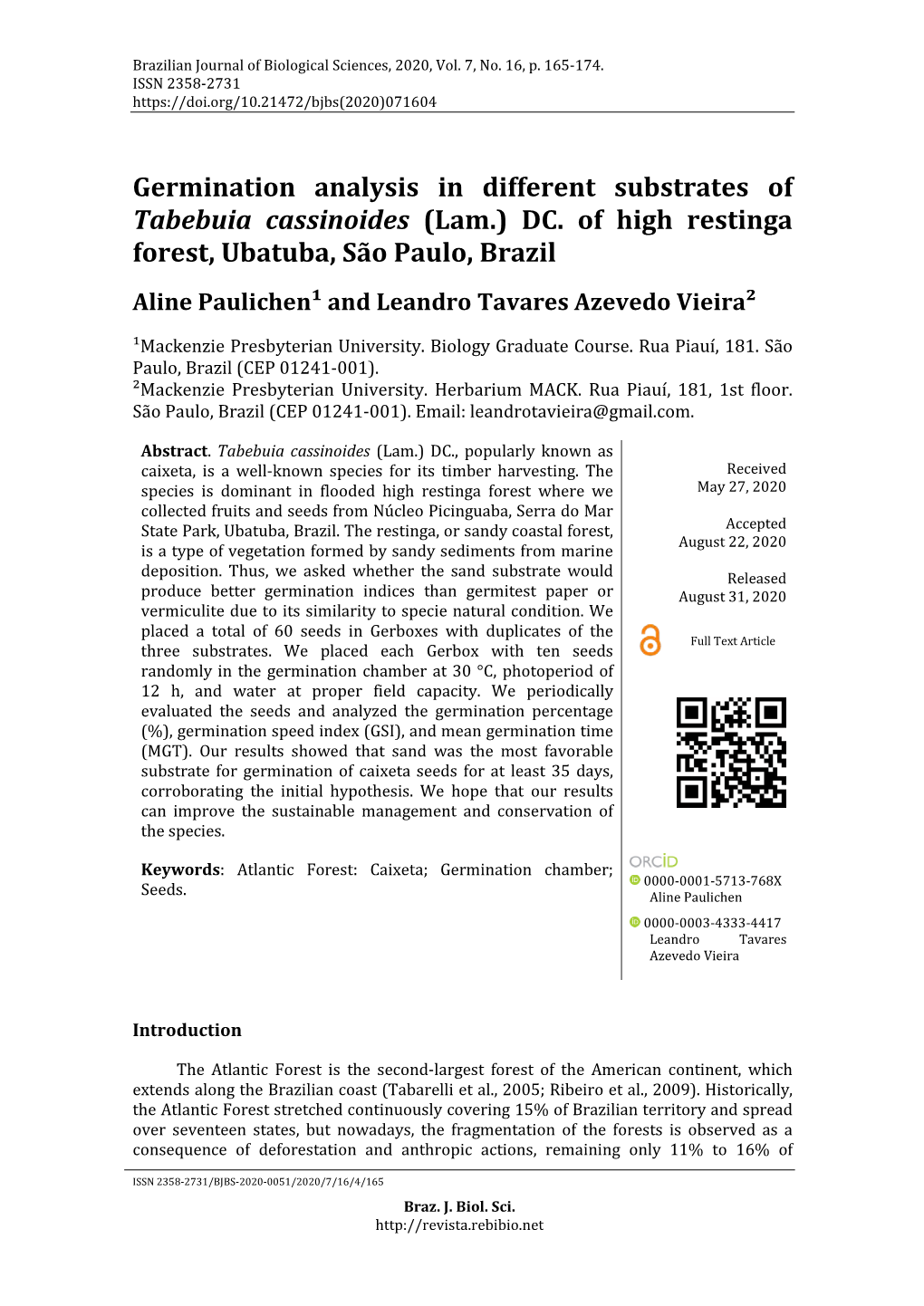 Germination Analysis in Different Substrates of Tabebuia Cassinoides (Lam.) DC. of High Restinga Forest, Ubatuba, São Paulo, Br