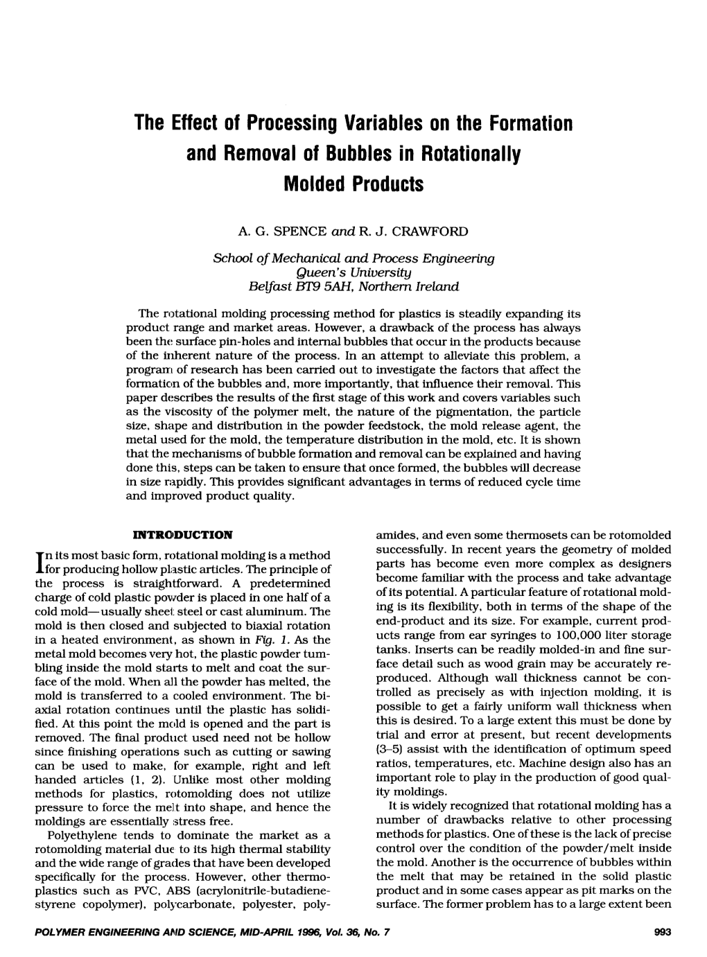 The Effect of Processing Variables on the Formation and Removal of Bubbles in Rotationally Molded Products