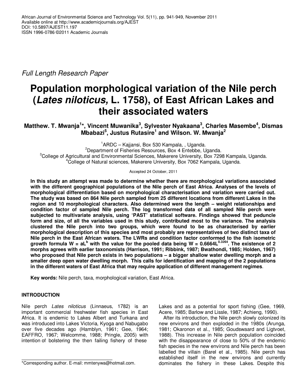 Population Morphological Variation of the Nile Perch (Lates Niloticus, L