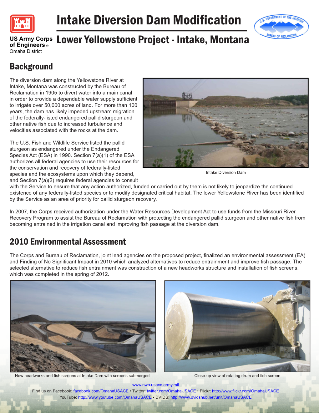 Intake Diversion Dam Modification US Army Corps Lower Yellowstone Project - Intake, Montana of Engineers ® Omaha District Background