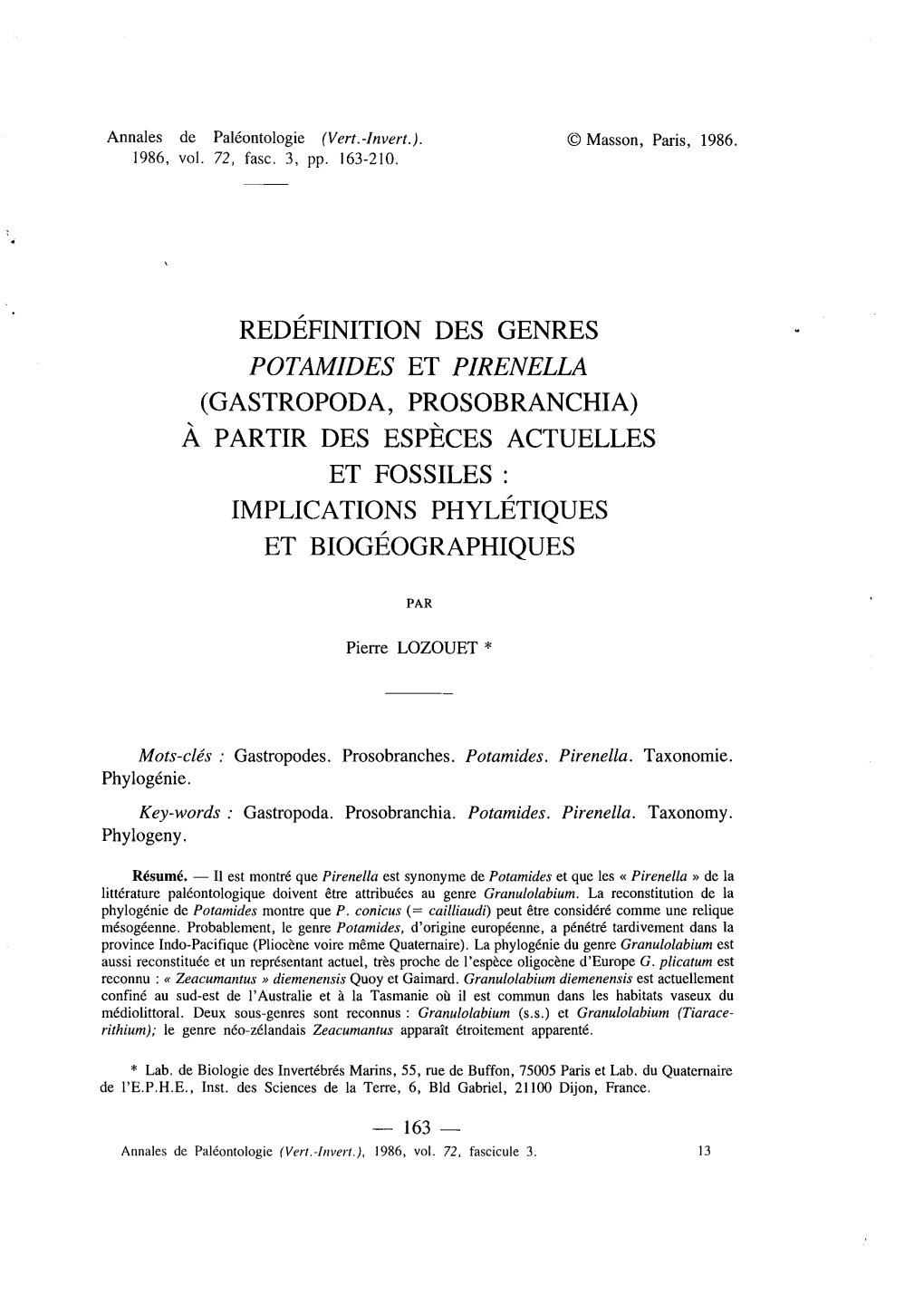 Potamides Et Pirenella (Gastropoda, Prosobranchia) À Partir Des Espèces Actuelles Et Fossiles : Implications Phylétiques Et Biogéographiques