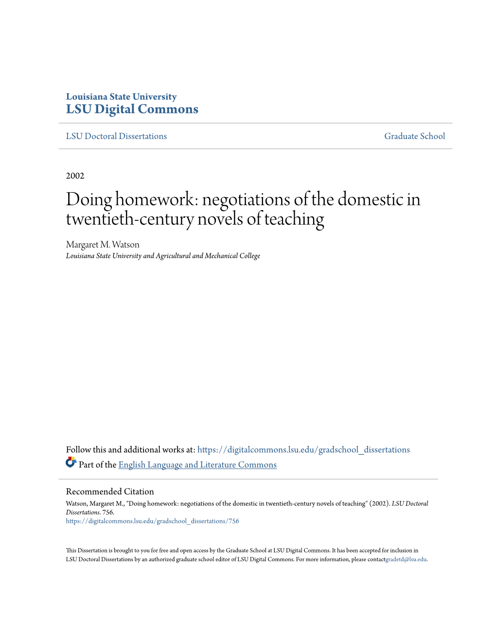 Doing Homework: Negotiations of the Domestic in Twentieth-Century Novels of Teaching Margaret M