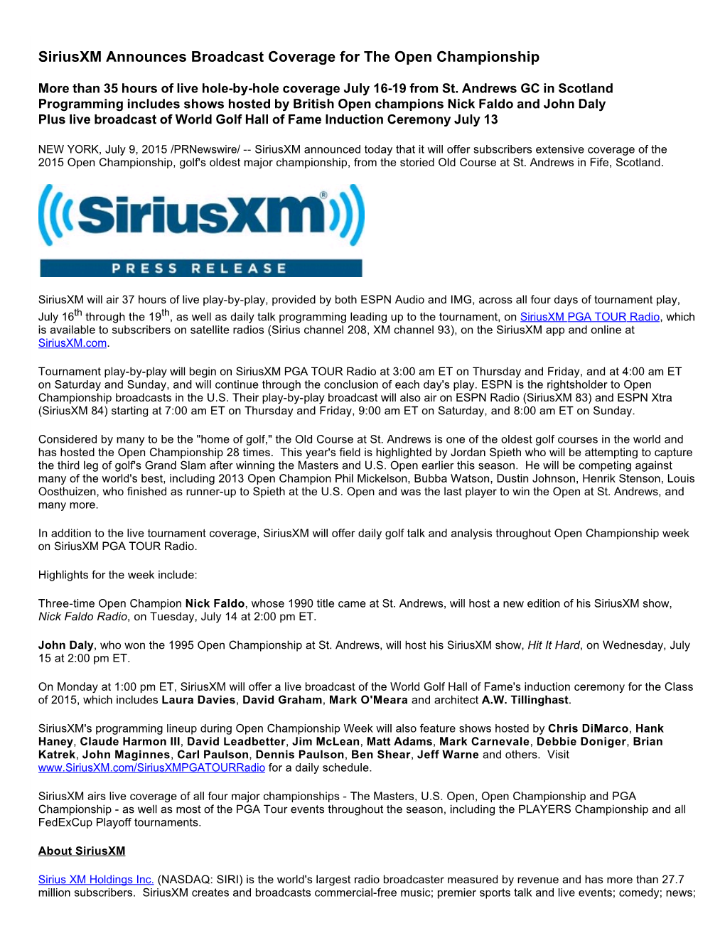 Siriusxm Announces Broadcast Coverage for the Open Championship