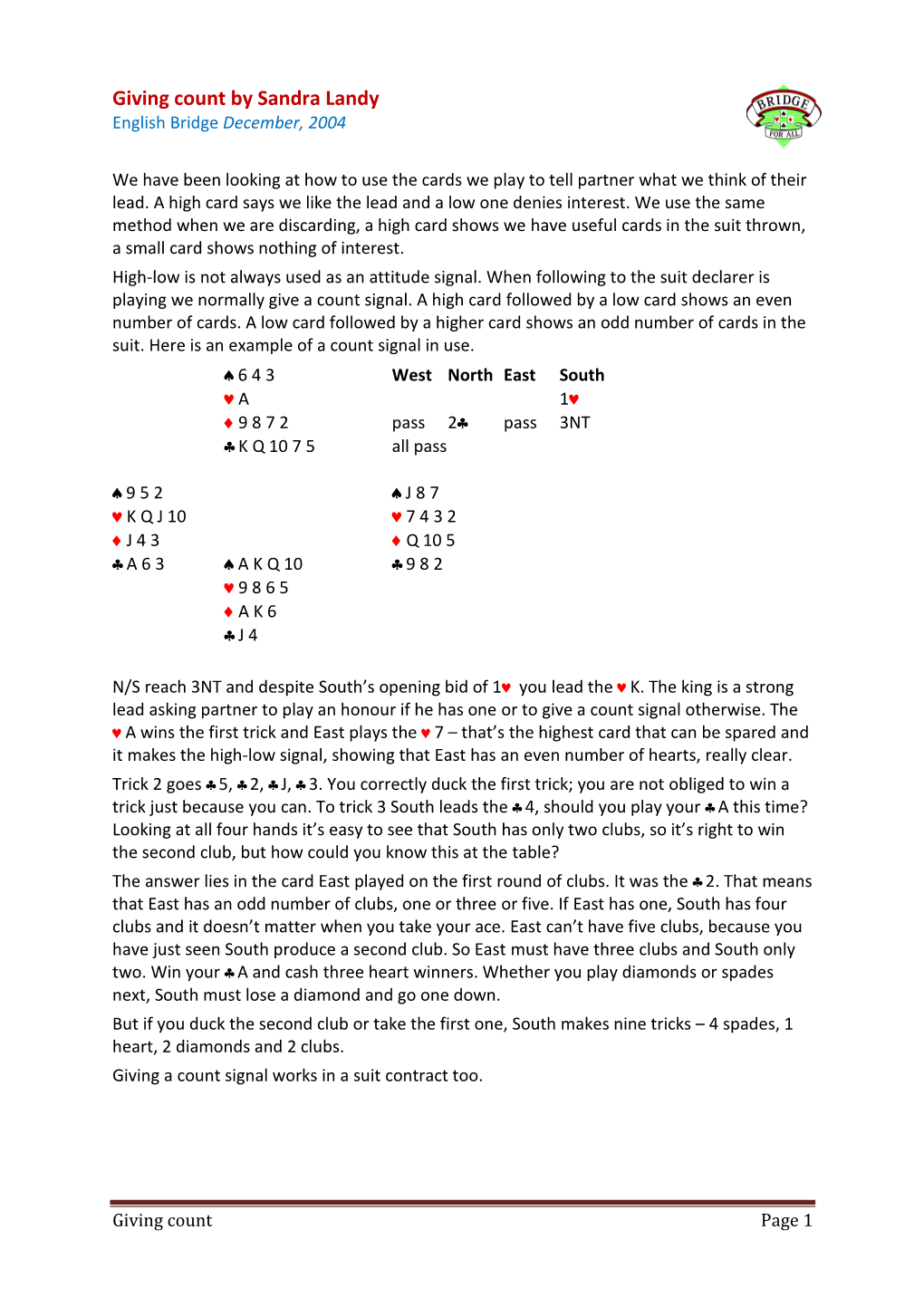 Giving Count by Sandra Landy English Bridge December, 2004