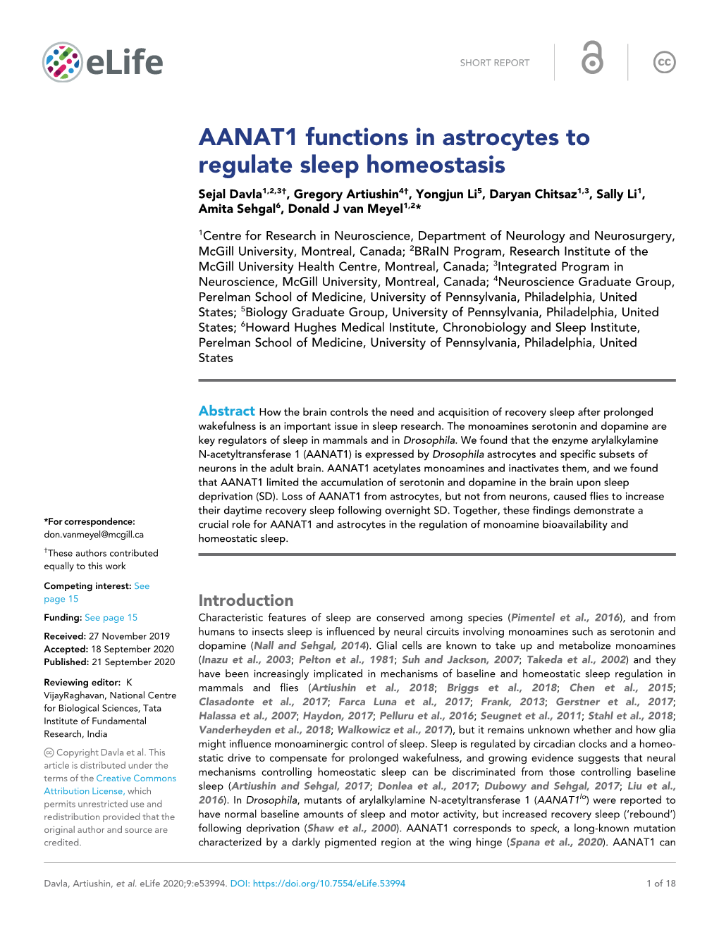 AANAT1 Functions in Astrocytes to Regulate Sleep Homeostasis