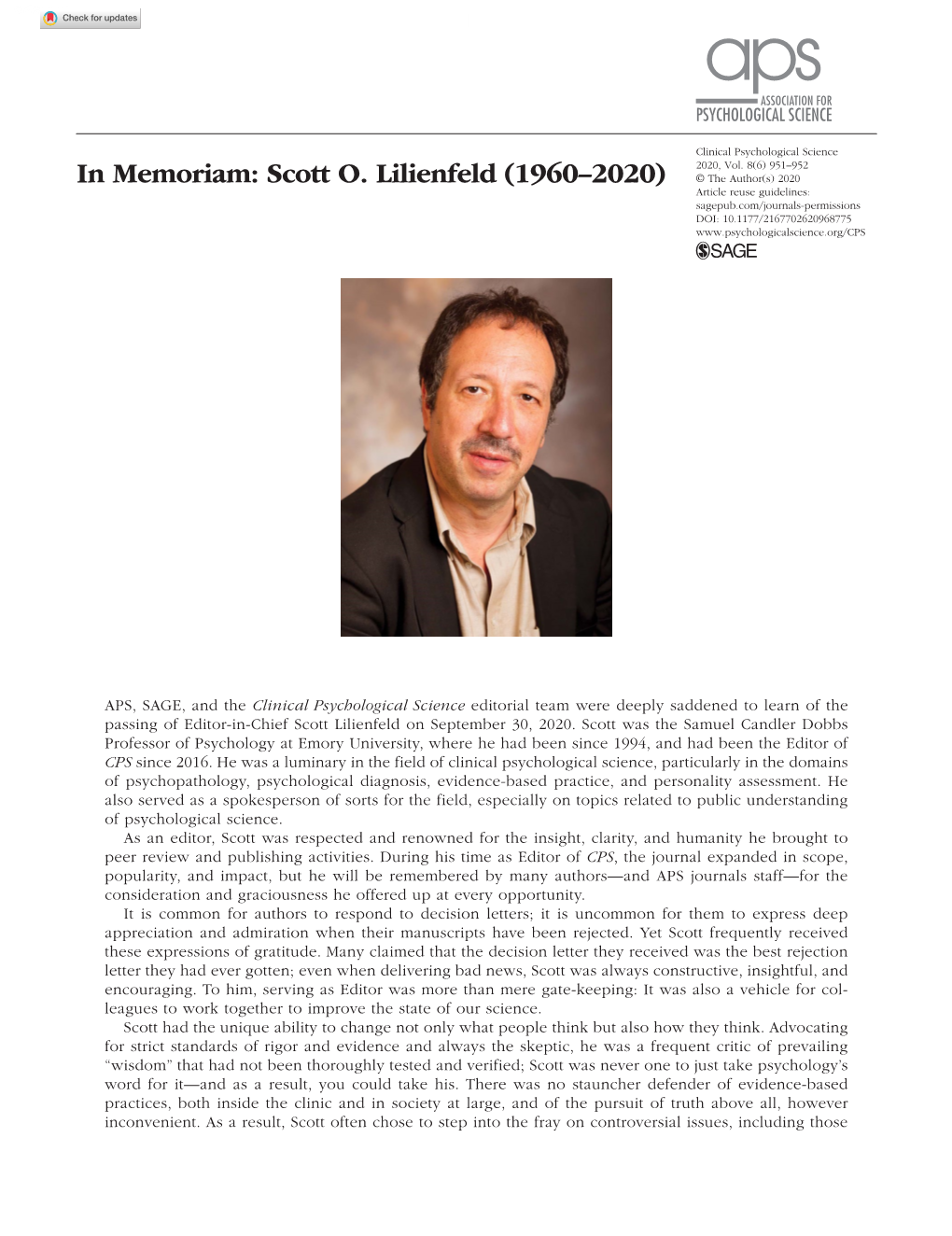 In Memoriam: Scott O. Lilienfeld (1960–2020)