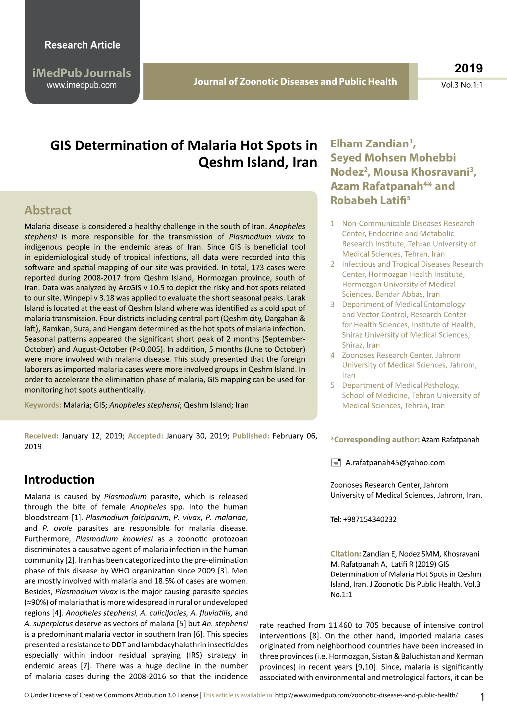 GIS Determination of Malaria Hot Spots in Qeshm Island, Iran