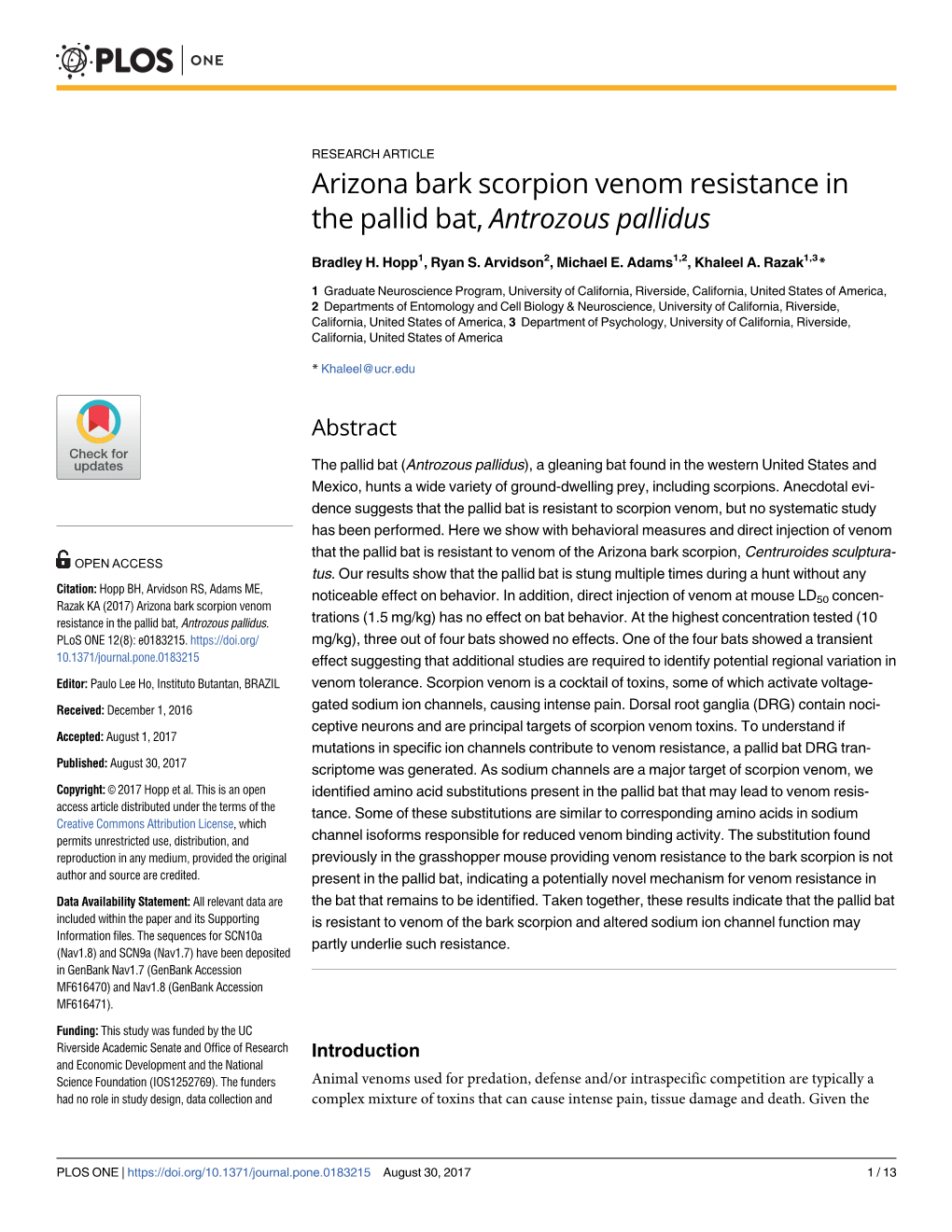 Arizona Bark Scorpion Venom Resistance in the Pallid Bat, Antrozous Pallidus
