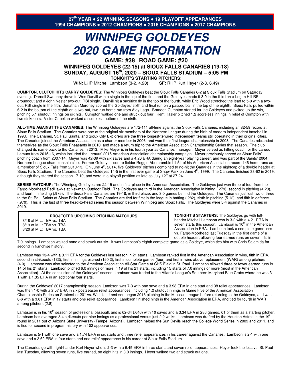 Winnipeg Goldeyes 2020 Game Information