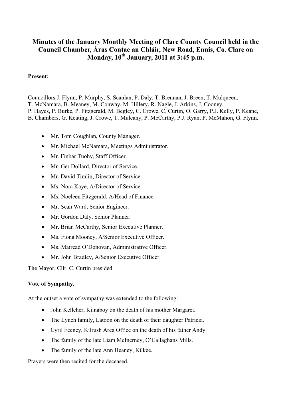 Minutes of the January 2011 Monthly Meeting of Clare County Council