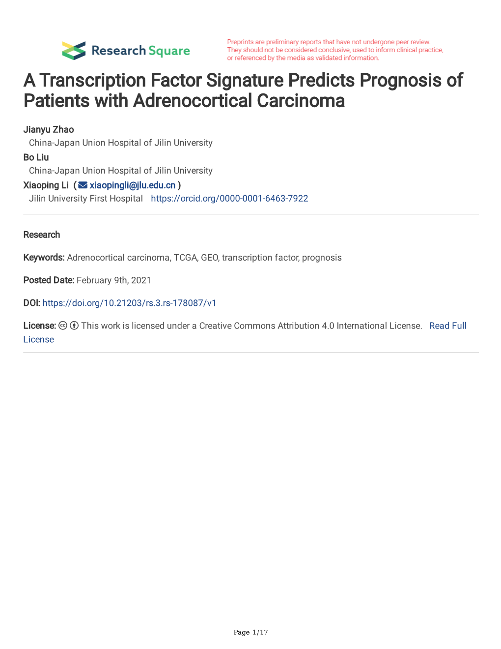 A Transcription Factor Signature Predicts Prognosis of Patients with Adrenocortical Carcinoma