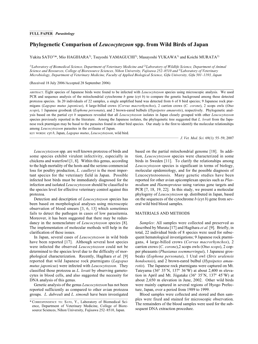 Phylogenetic Comparison of Leucocytozoon Spp. from Wild Birds of Japan