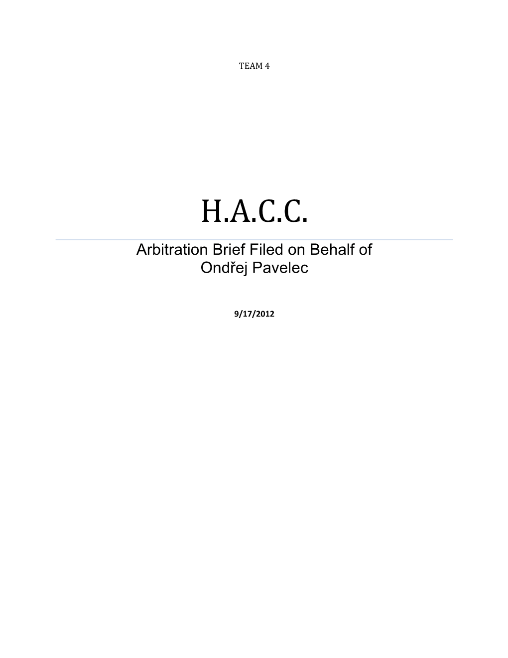 H.A.C.C. Arbitration Brief Filed on Behalf of Ondřej Pavelec