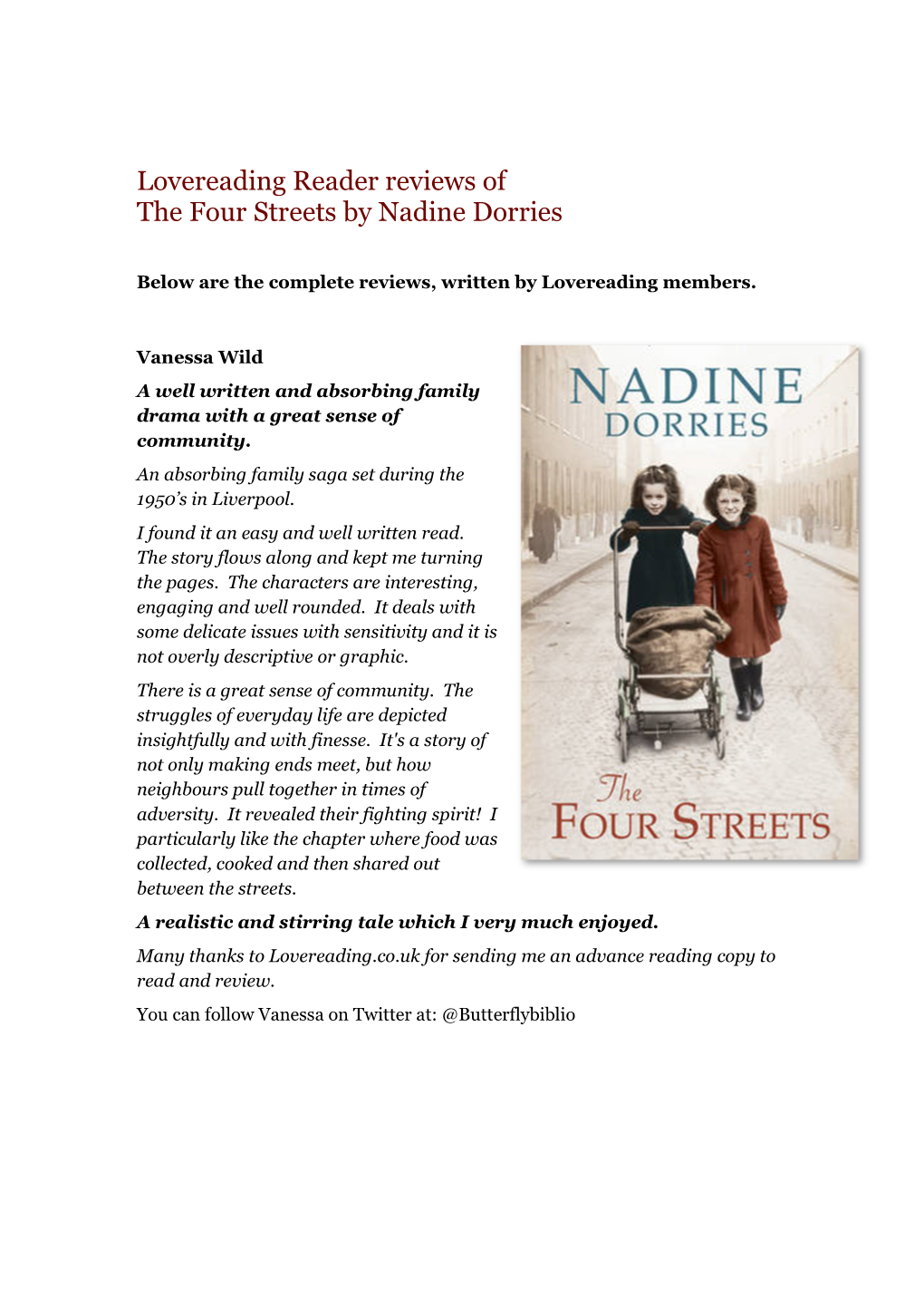 Lovereading Reader Reviews of the Four Streets by Nadine Dorries