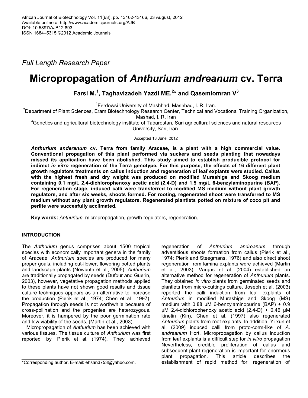 Micropropagation of Anthurium Andreanum Cv. Terra