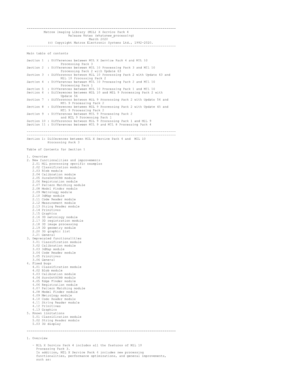 Matrox Imaging Library (MIL) X Service Pack 4 Release Notes (Whatsnew Processing) March 2020 (C) Copyright Matrox Electronic Systems Ltd., 1992-2020