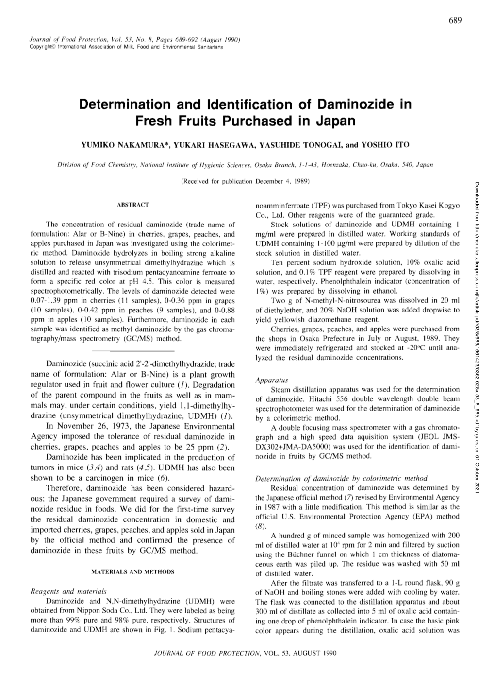 Determination and Identification of Daminozide in Fresh Fruits Purchased in Japan