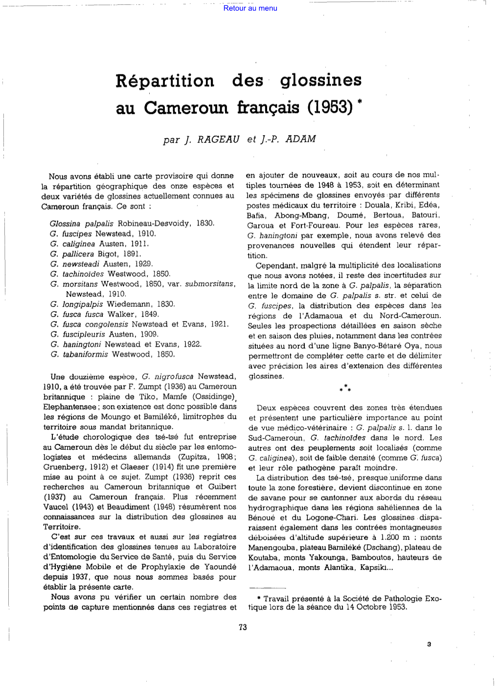 Répartition Des Glossines Au Cameroun Français