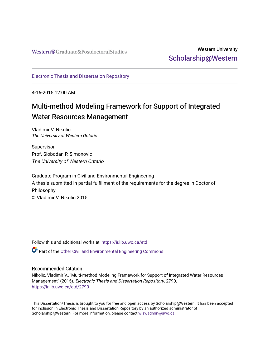 Multi-Method Modeling Framework for Support of Integrated Water Resources Management